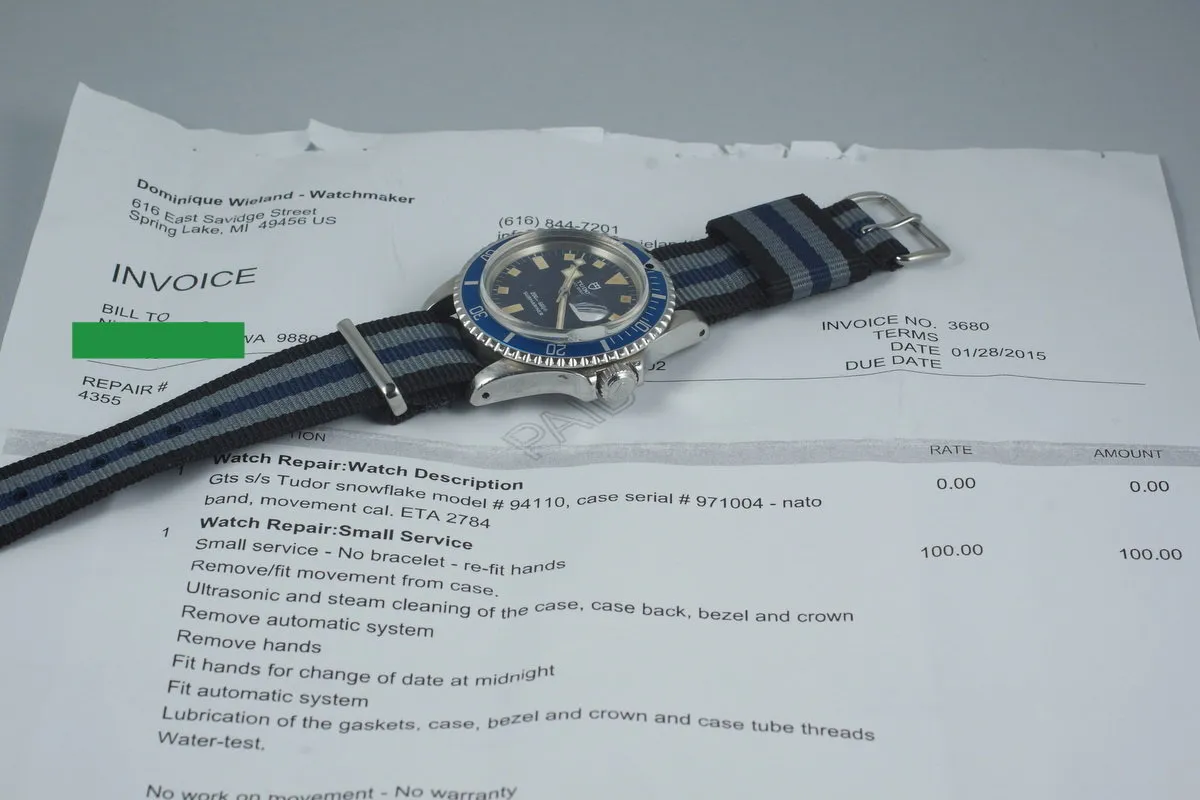 1982 Tudor Submariner 94110 Snowflake with Blue Bezel with Service Papers