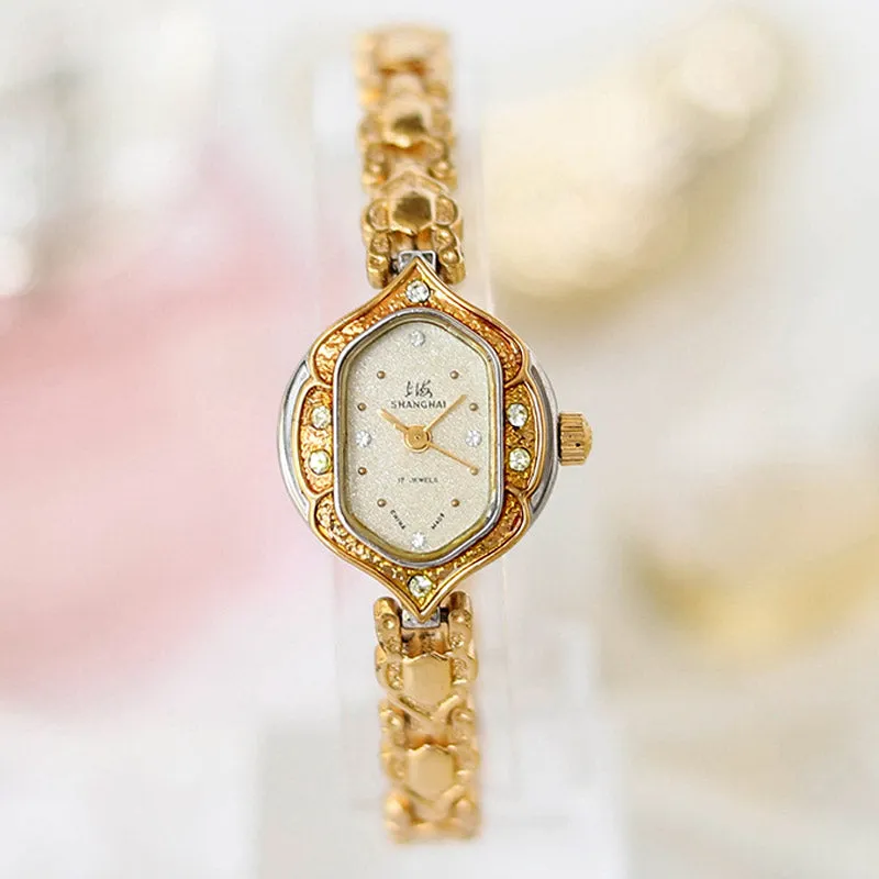 90s Retro Art Deco Style Gold-Plated Women's Manual Mechanical Watch