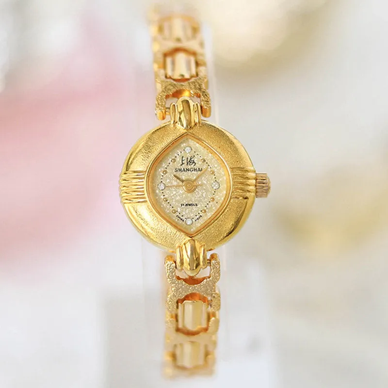 90s Retro Art Deco Style Gold-Plated Women's Manual Mechanical Watch