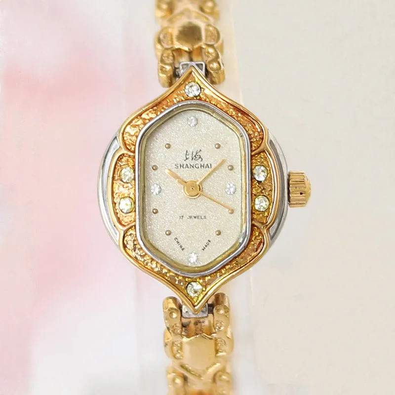 90s Retro Art Deco Style Gold-Plated Women's Manual Mechanical Watch