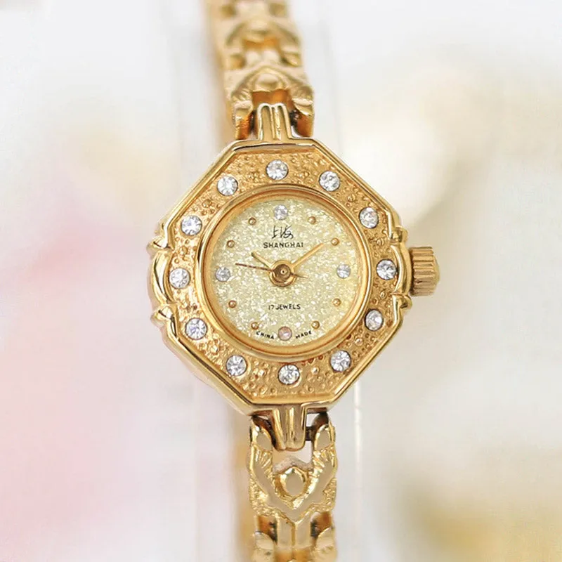 90s Retro Art Deco Style Gold-Plated Women's Manual Mechanical Watch