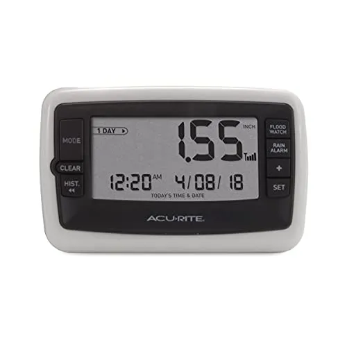 AcuRite Wireless Digital Rain Gauge with Self-Emptying Collector with Rainfall History, Alerts, and Current Date and Time (00899), Multicolor