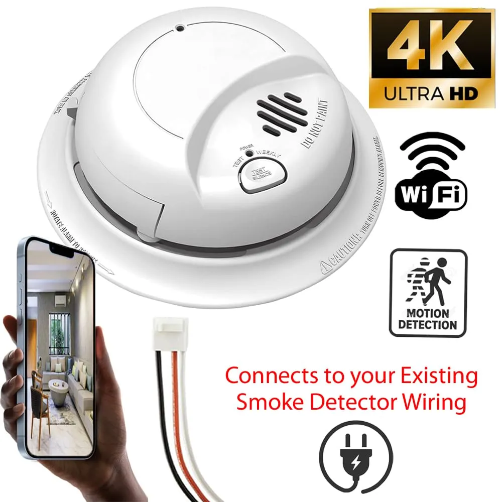 AES Spy Cameras 4K HD Wi-Fi Smoke Detector Wired 120V AC Home Security Alarm Camera (9120), White, SMK91204K