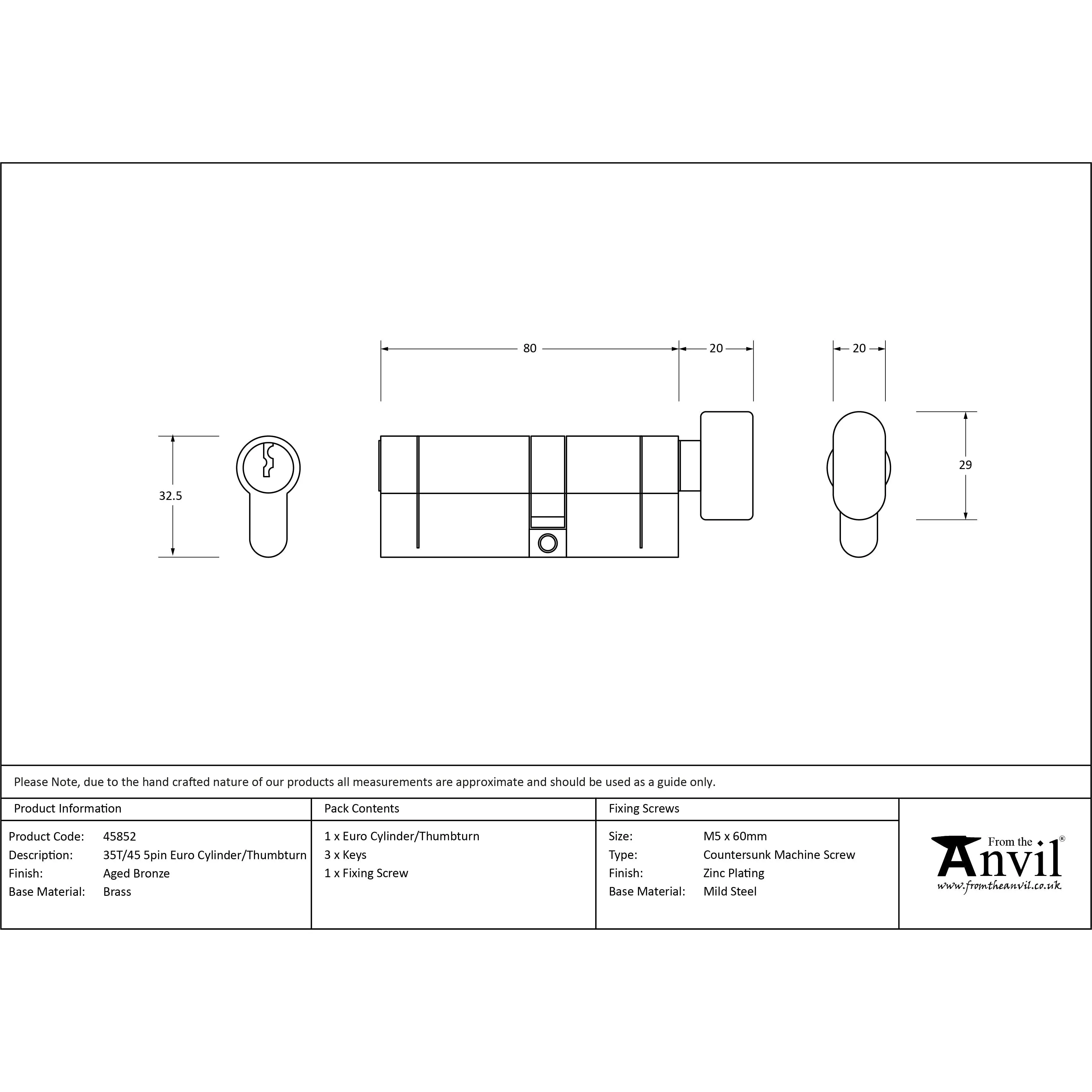 Aged Bronze 35T/45 5pin Euro Cylinder/Thumbturn | From The Anvil