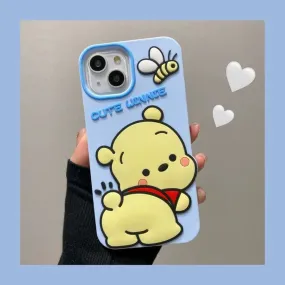 Big Cute Honey Bear Winnie with Bee Blue Soft iPhone Case 11 12 13 14 15 Pro Promax