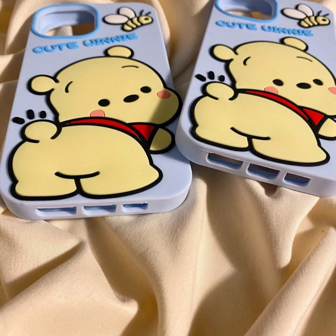 Big Cute Honey Bear Winnie with Bee Blue Soft iPhone Case 11 12 13 14 15 Pro Promax