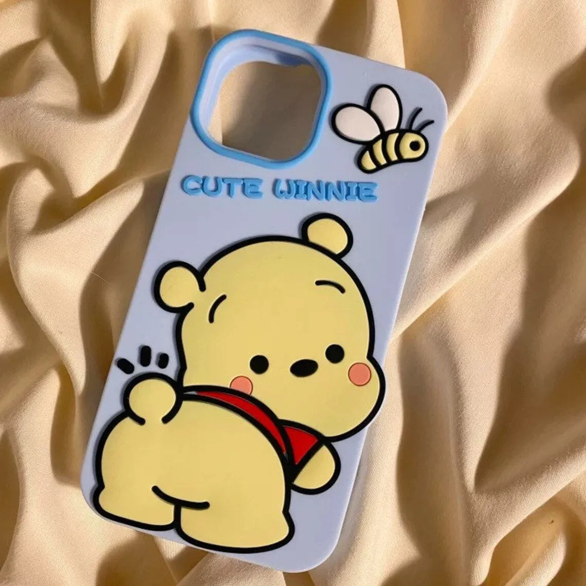 Big Cute Honey Bear Winnie with Bee Blue Soft iPhone Case 11 12 13 14 15 Pro Promax