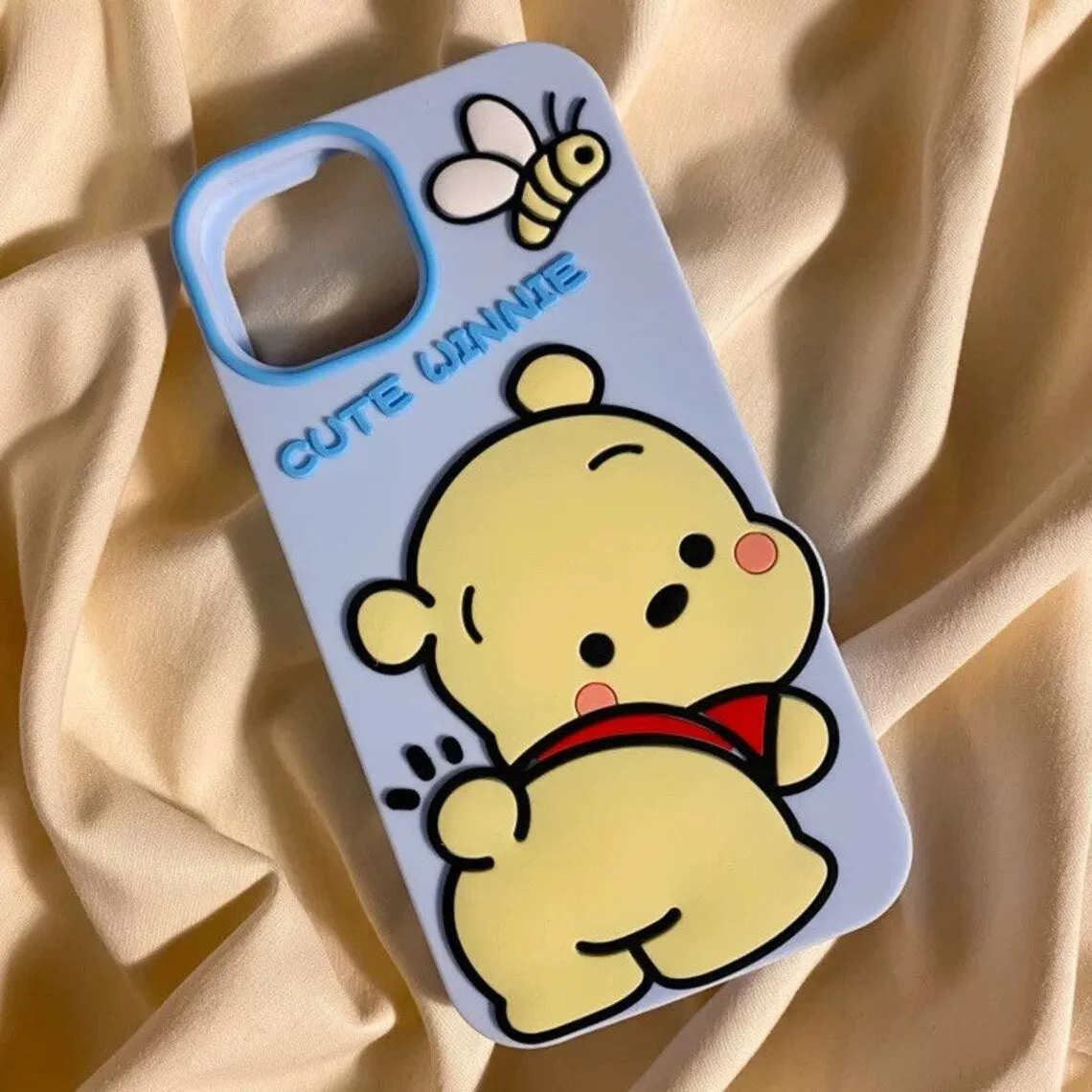 Big Cute Honey Bear Winnie with Bee Blue Soft iPhone Case 11 12 13 14 15 Pro Promax