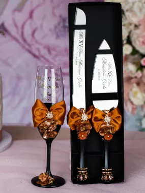 Black burnt orange Quinceanera cake knife set with 1 glass