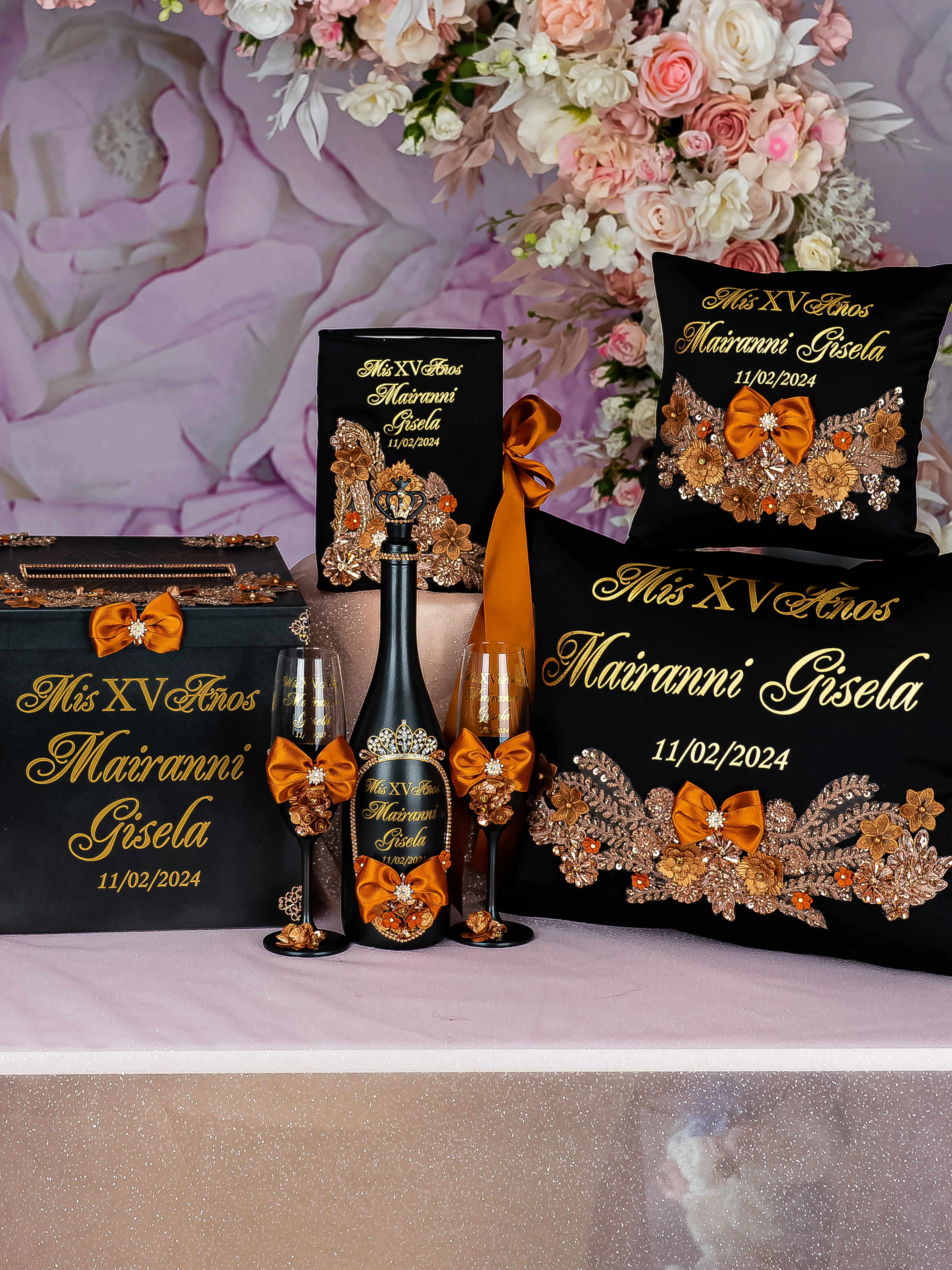 Black burnt orange Quinceanera cake knife set with 1 glass