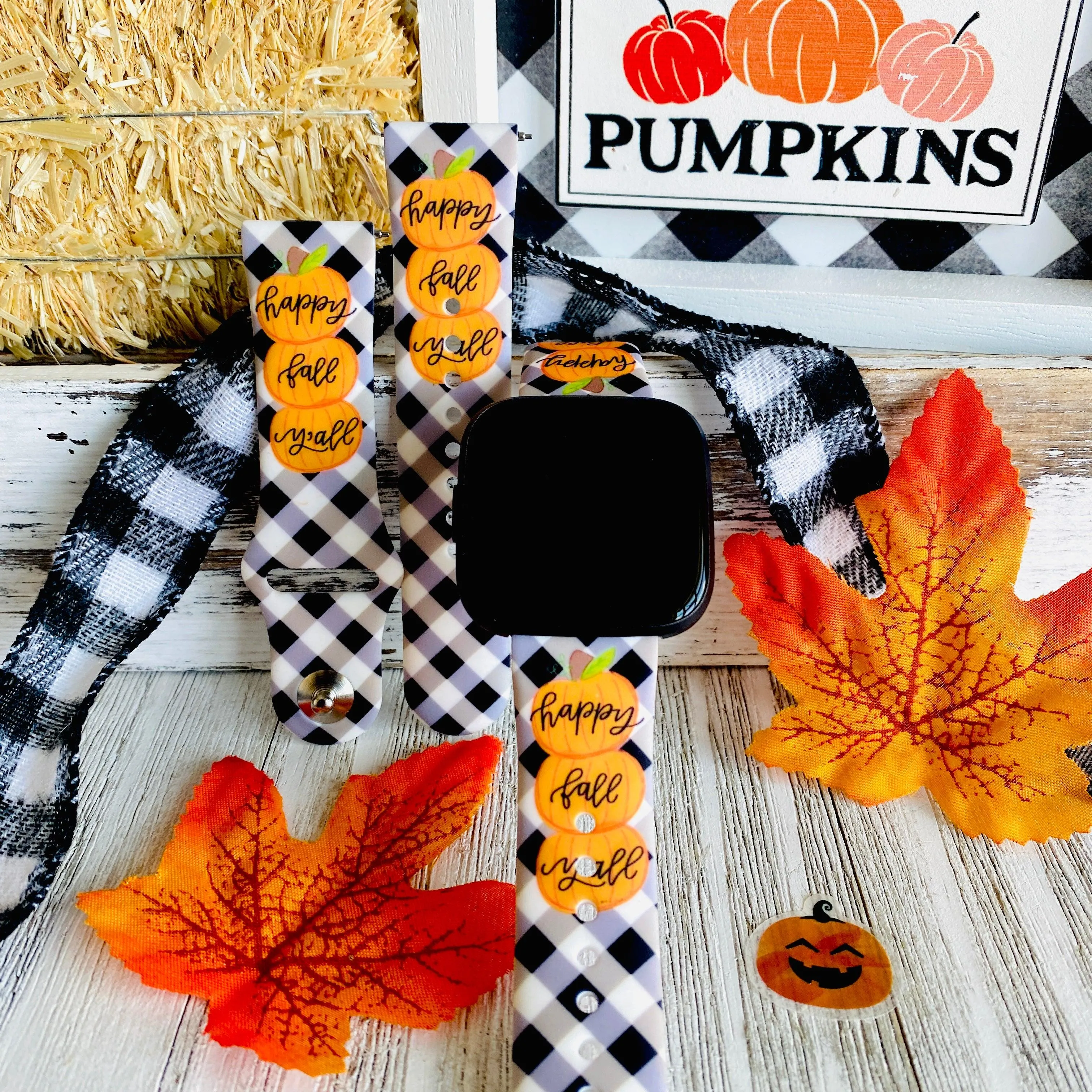 Black Plaid Happy Fall Y'all  Print Silicone Band For Fitbit Versa 1/2