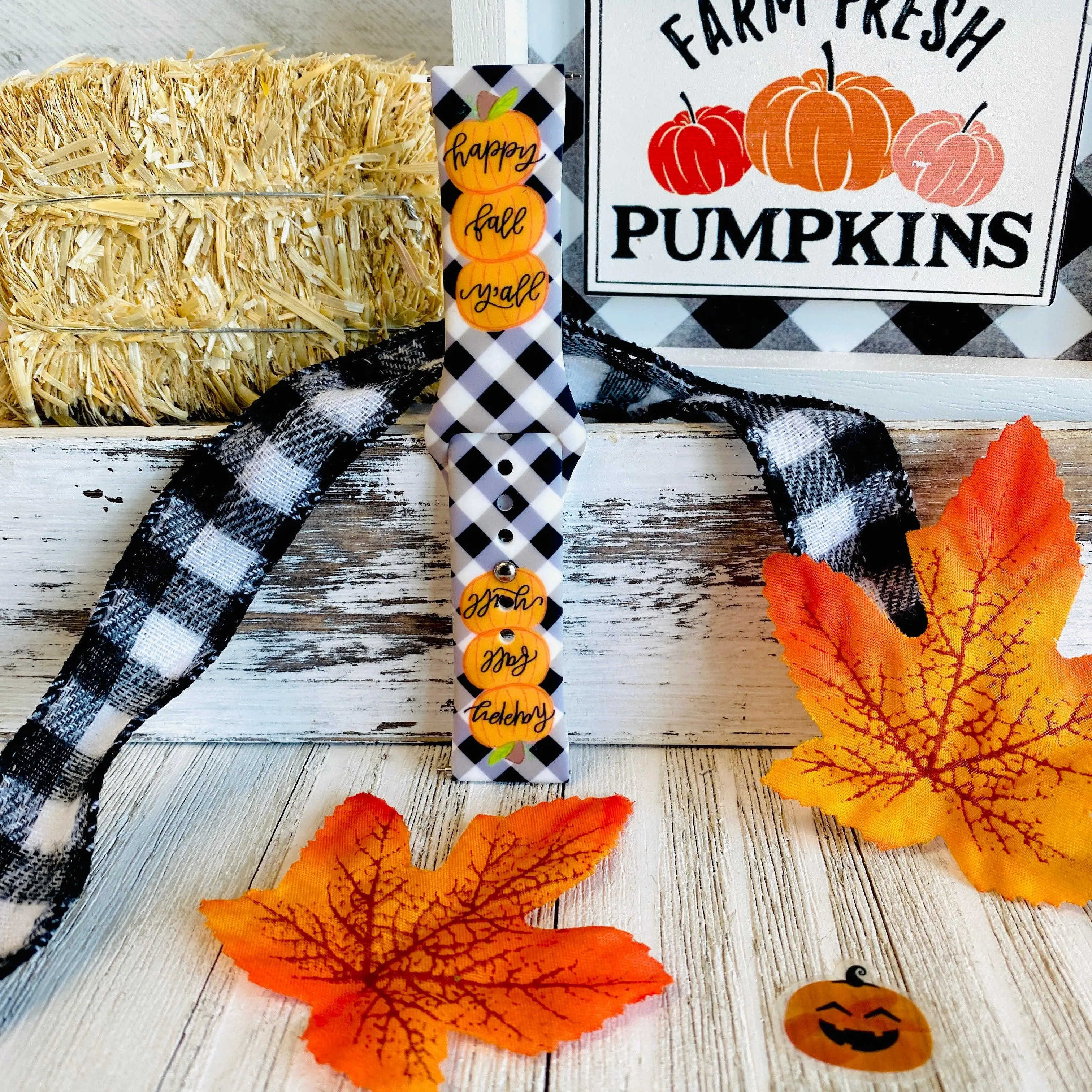 Black Plaid Happy Fall Y'all  Print Silicone Band For Fitbit Versa 1/2