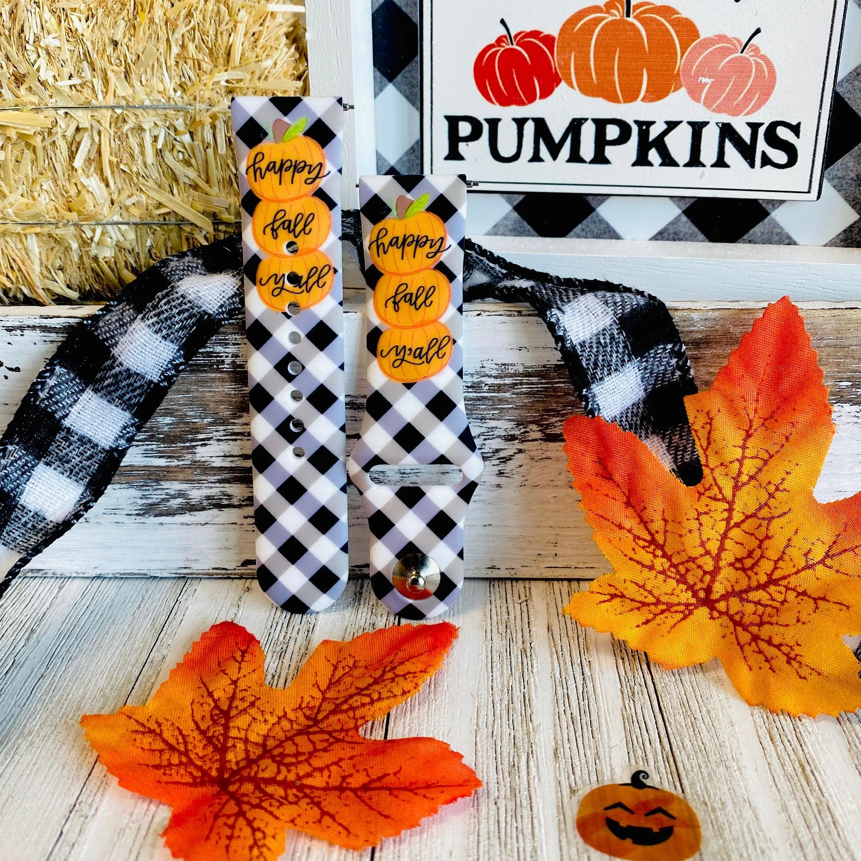 Black Plaid Happy Fall Y'all  Print Silicone Band For Fitbit Versa 1/2