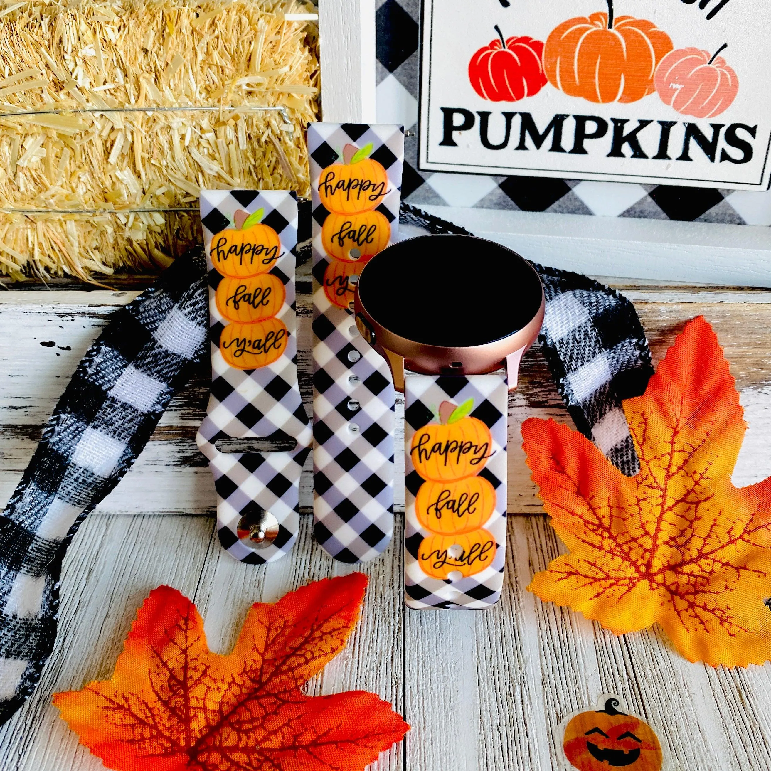 Black Plaid Happy Fall Y'all Print Silicone Band For Samsung Watch