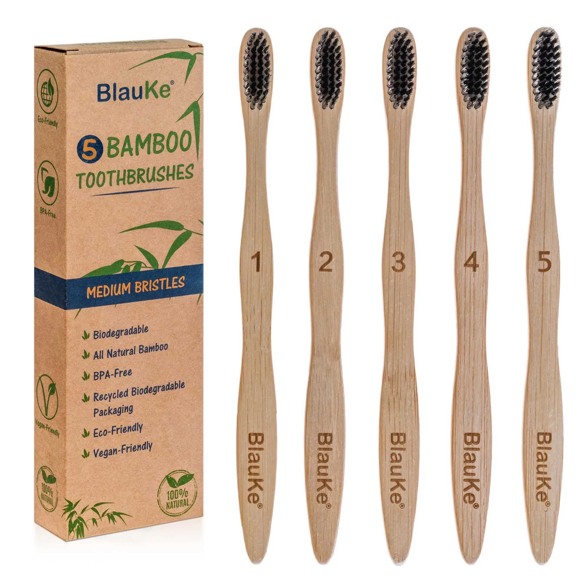 BlauKe Bamboo Toothbrush Set 5-Pack - Bamboo Toothbrushes with Medium