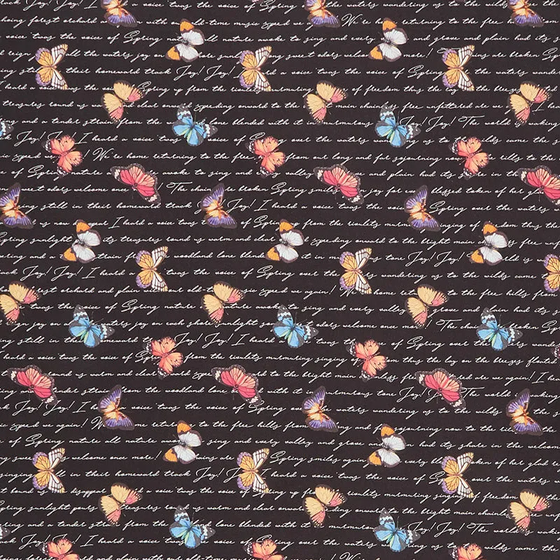 Botanica - Butterfly on Script Black Multi Digitally Printed Yardage