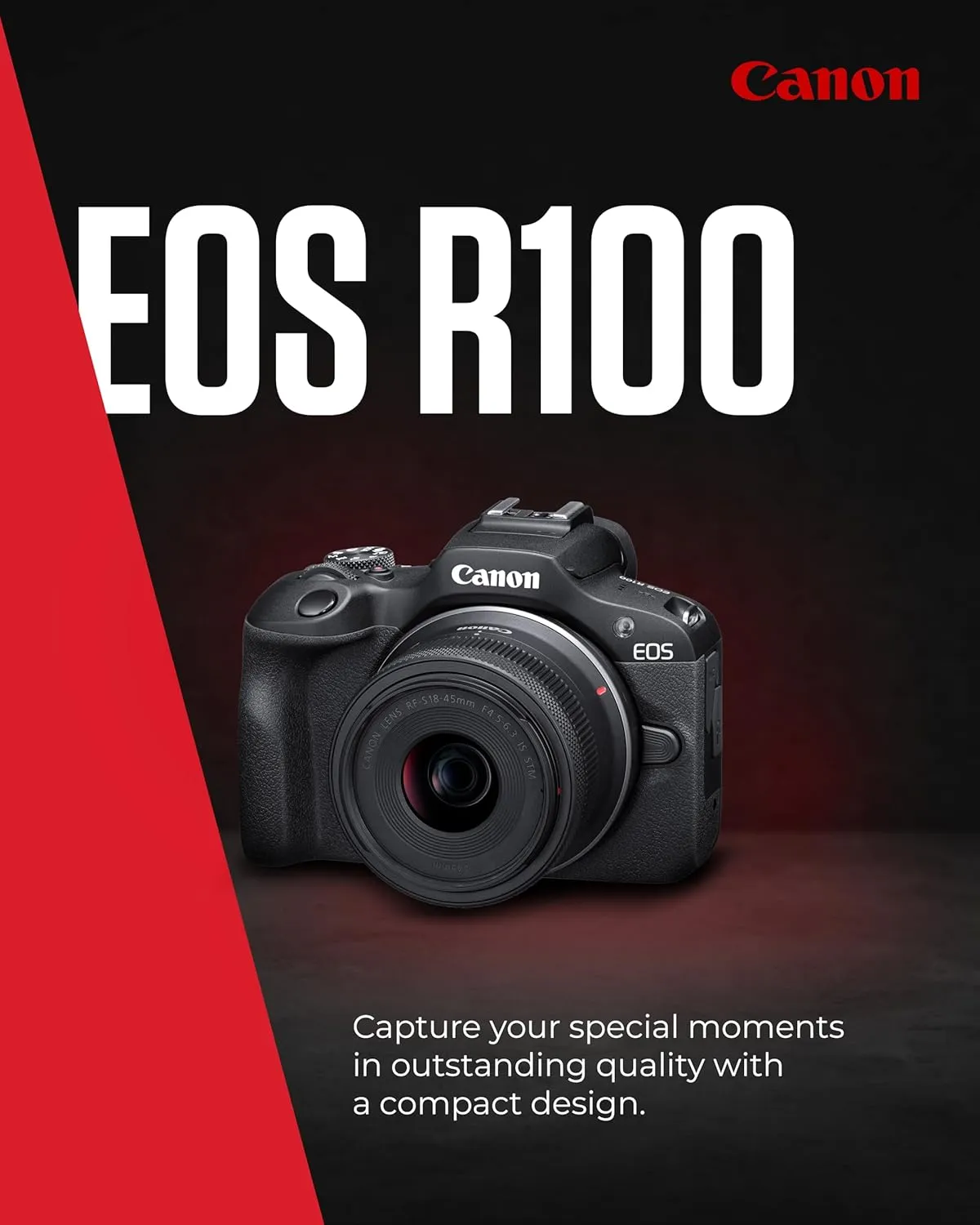 Canon EOS R100 Compact Mirrorless Camera - 24.1MP, 4K, Dual Pixel CMOS AF, DIGIC 8, 6.5 FPS, Face & Eye Detection, Bluetooth, Wi-Fi, GPS