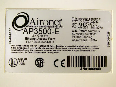 Cisco Aironet AP3500-E 2.4 GHz FH Wireless Access Point PN: 100-003454-001