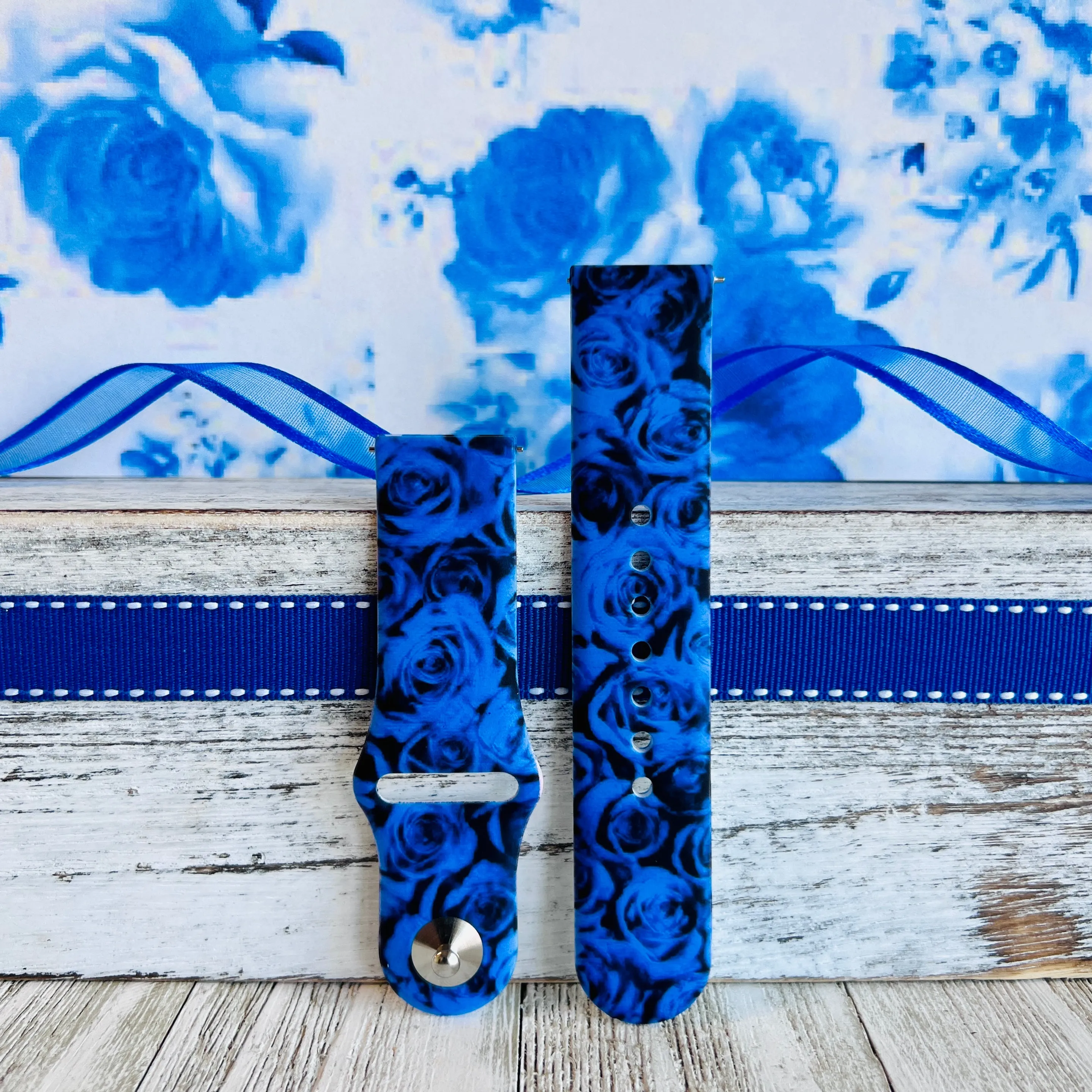 Cobalt Blue Roses Print Silicone Band For Samsung Watch