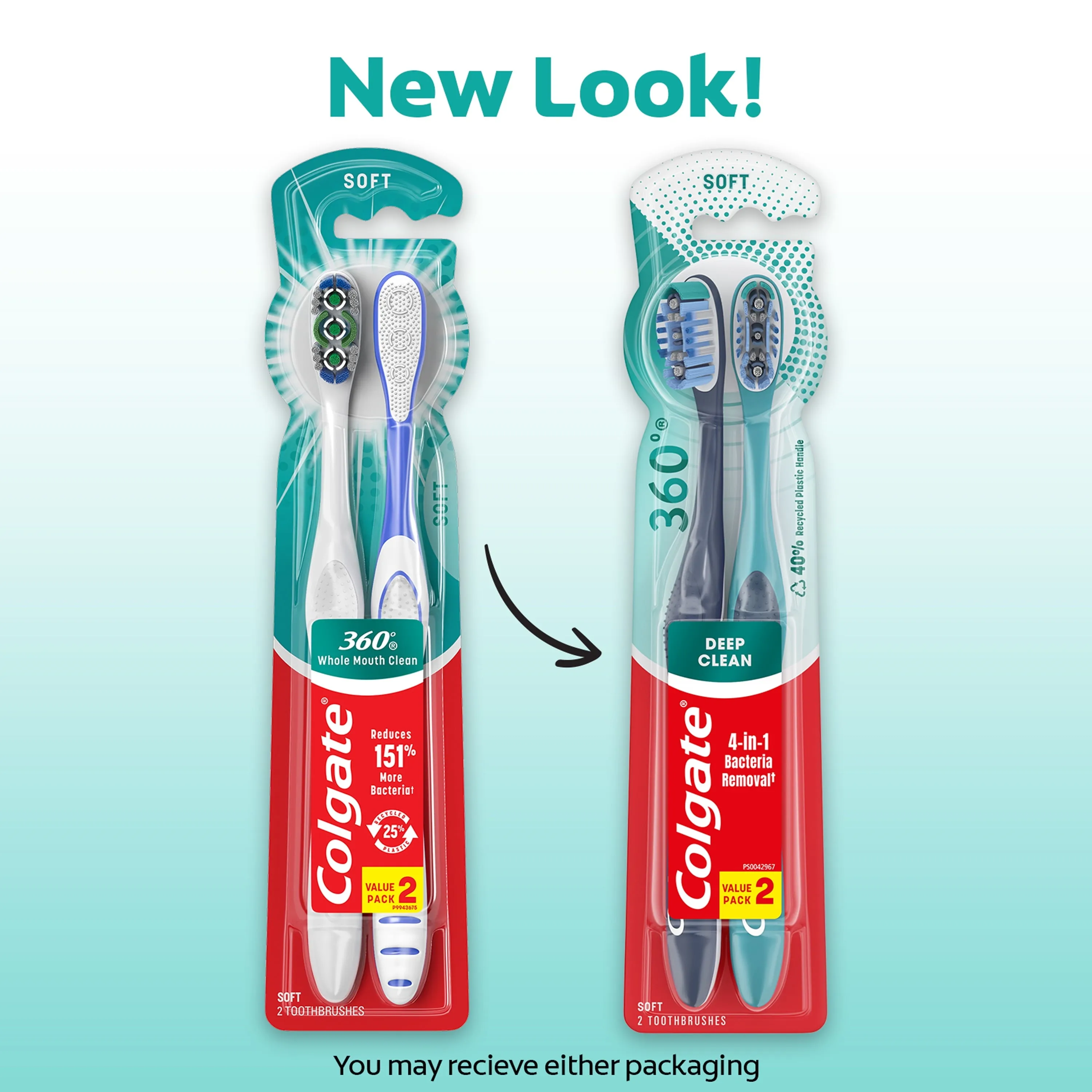 Colgate 360 Whole Mouth Clean Soft Bristle Toothbrush, Adult Toothbrush, 2 Pack