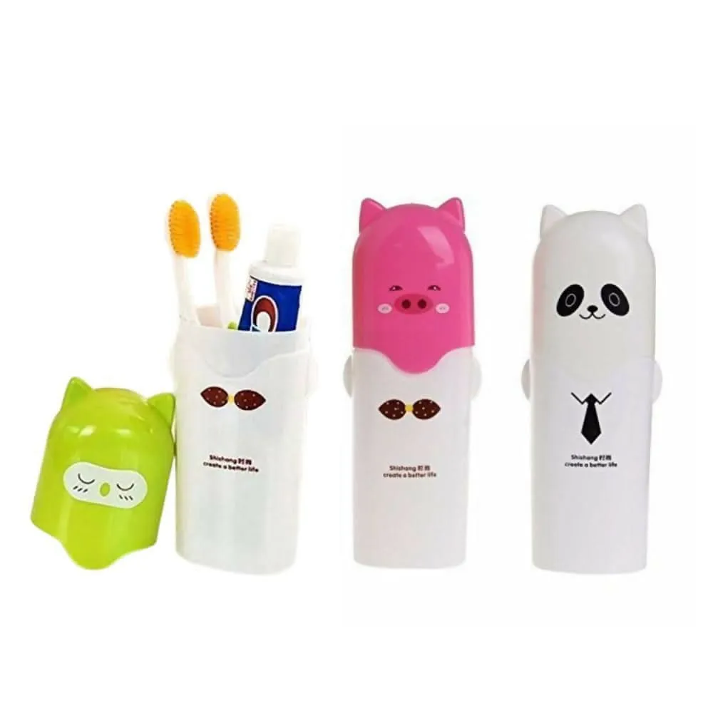 Cute Teddy Cartoon Toothbrush Holder Box Travel-Friendly Plastic Case for Toothbrush & Toothpaste (Multicolor, Pack of 1)