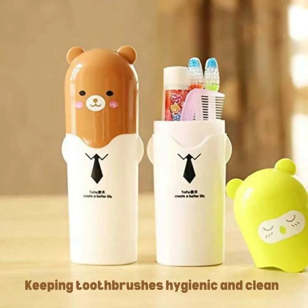 Cute Teddy Cartoon Toothbrush Holder Box Travel-Friendly Plastic Case for Toothbrush & Toothpaste (Multicolor, Pack of 1)