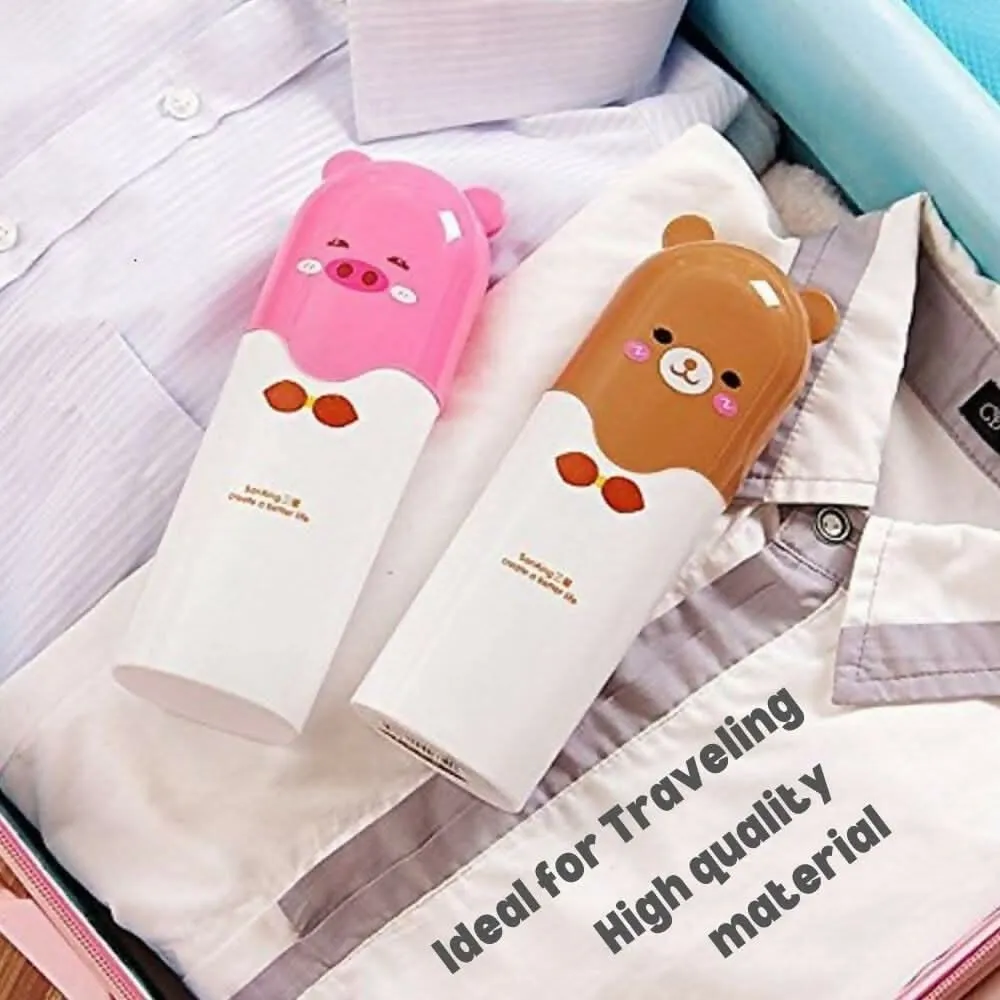 Cute Teddy Cartoon Toothbrush Holder Box Travel-Friendly Plastic Case for Toothbrush & Toothpaste (Multicolor, Pack of 1)