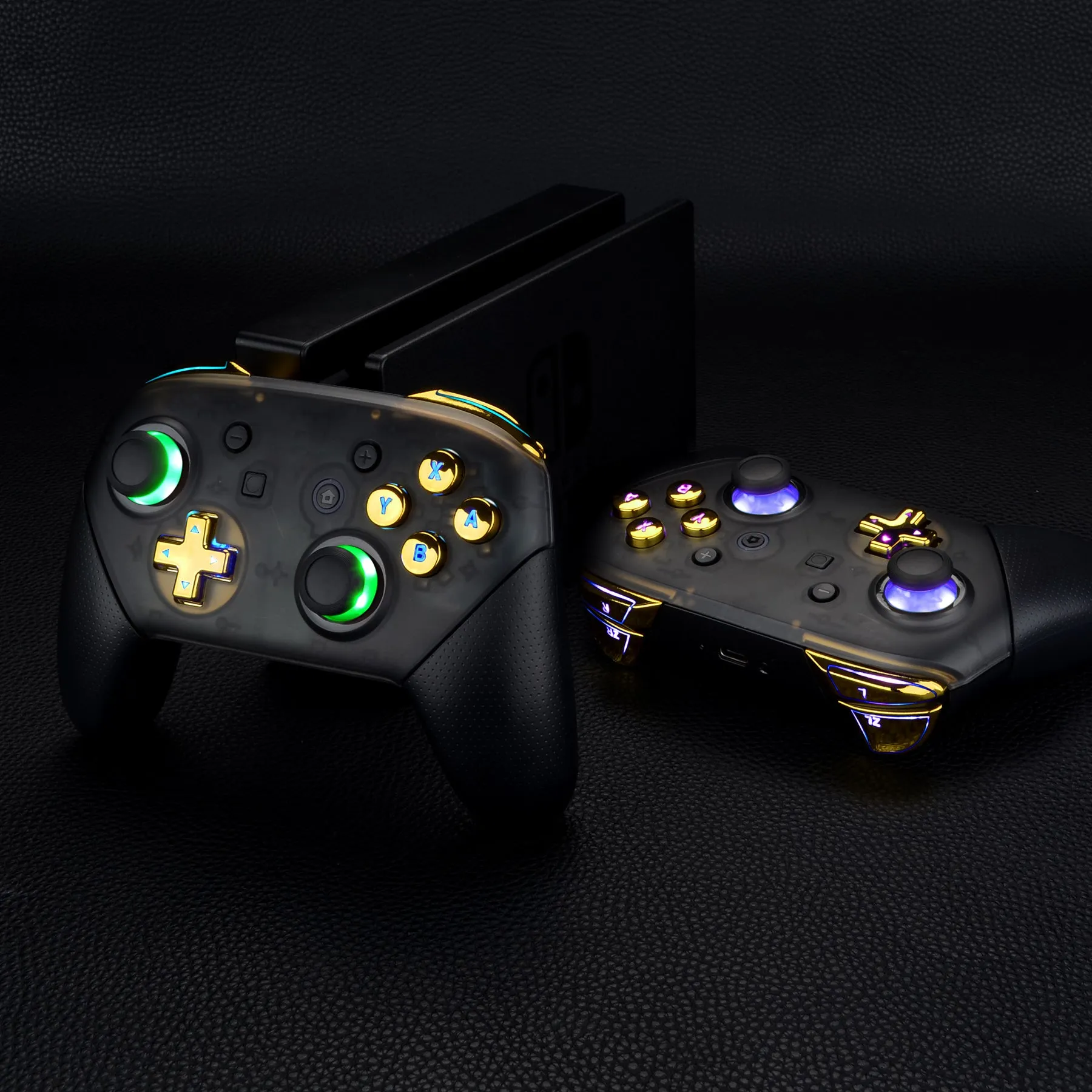 eXtremeRate Multi-Colors Luminated Thumbsticks D-pad ABXY ZR ZL L R Chrome Gold Classic Symbol Buttons DTFS LED Kit for NS Switch Pro Controller - 9 Colors Modes 6 Areas DIY Option Button Control - NSLED021