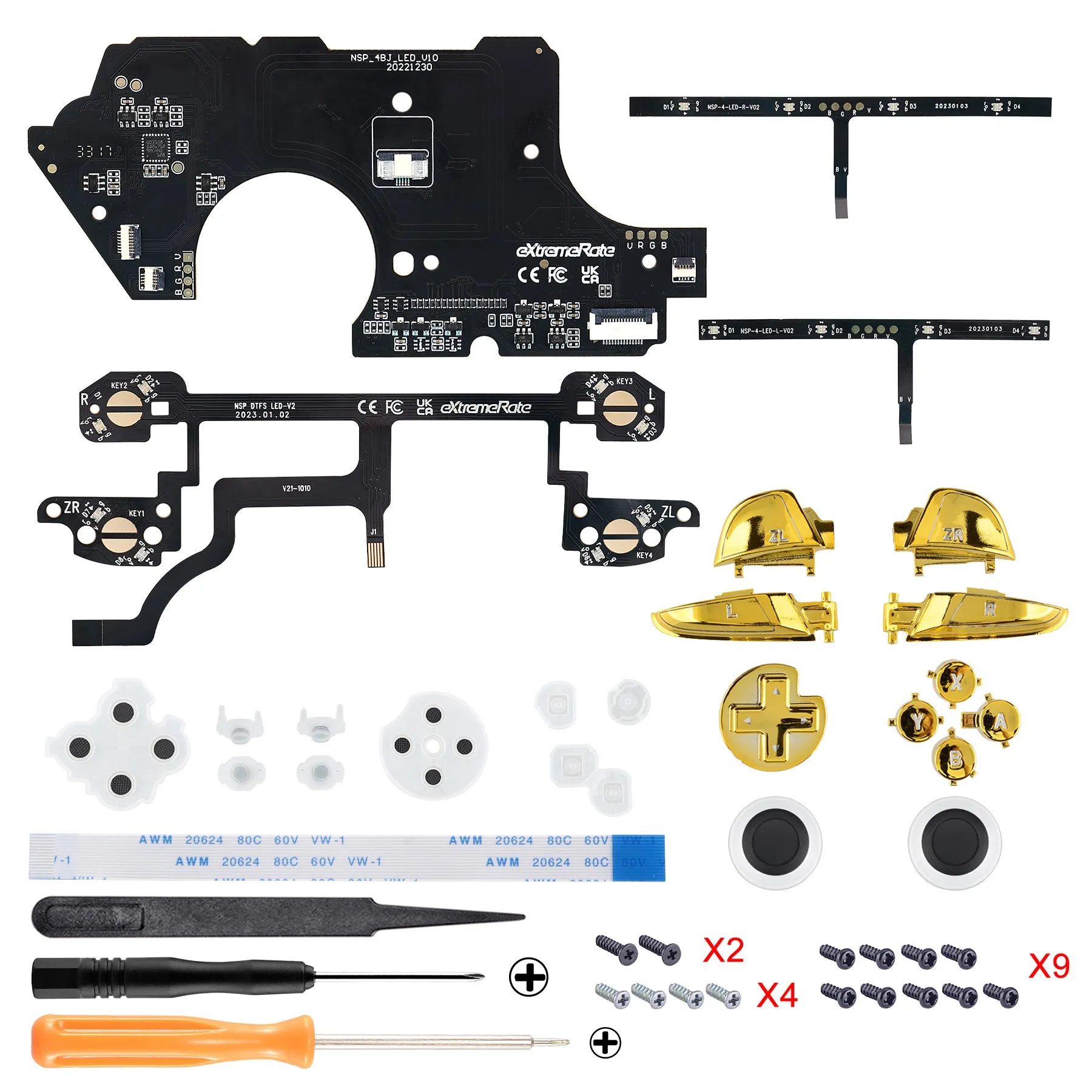 eXtremeRate Multi-Colors Luminated Thumbsticks D-pad ABXY ZR ZL L R Chrome Gold Classic Symbol Buttons DTFS LED Kit for NS Switch Pro Controller - 9 Colors Modes 6 Areas DIY Option Button Control - NSLED021