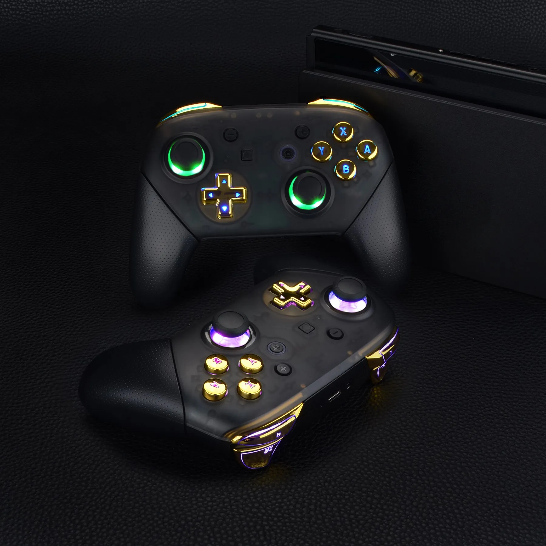 eXtremeRate Multi-Colors Luminated Thumbsticks D-pad ABXY ZR ZL L R Chrome Gold Classic Symbol Buttons DTFS LED Kit for NS Switch Pro Controller - 9 Colors Modes 6 Areas DIY Option Button Control - NSLED021