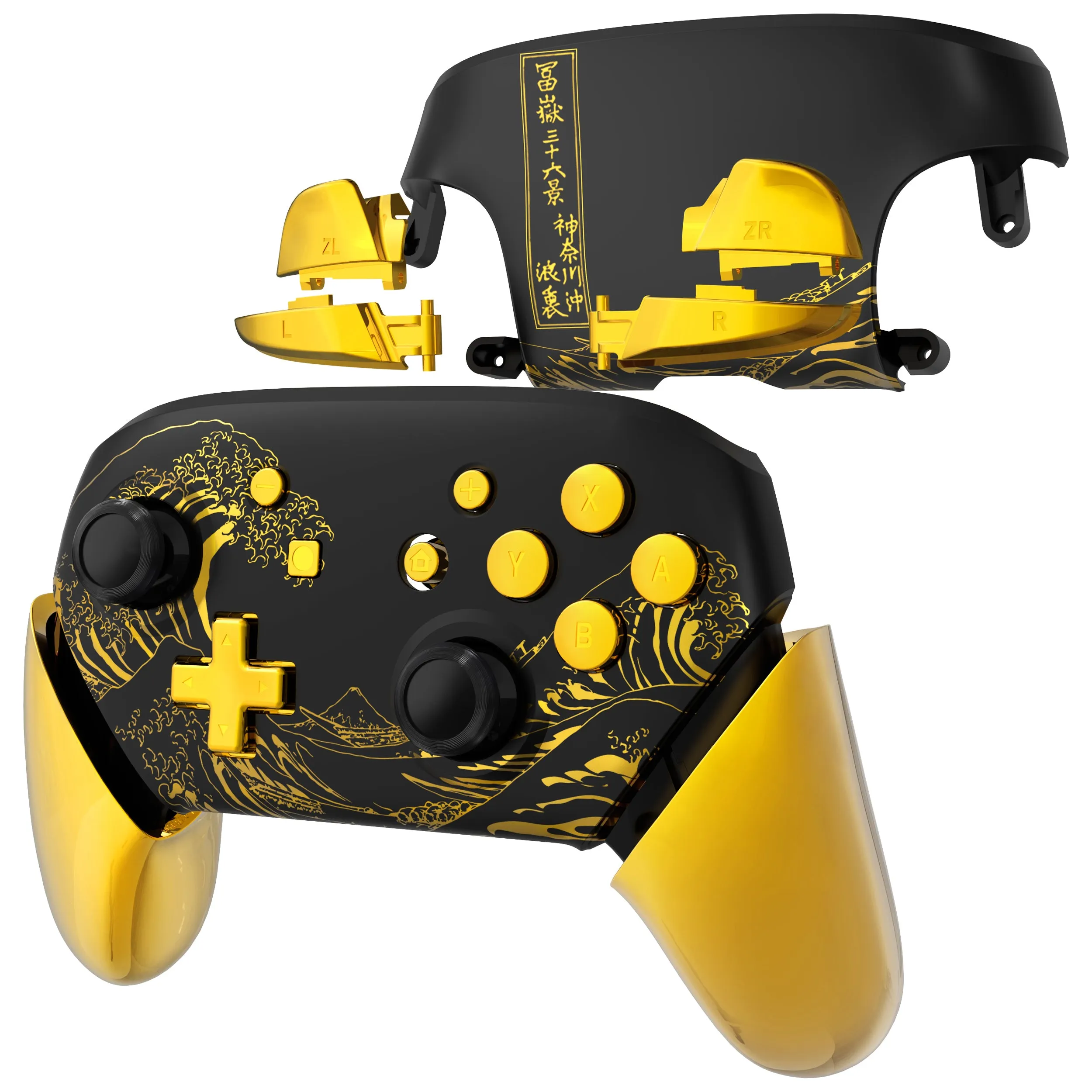 eXtremeRate The Great GOLDEN Wave Off Kanagawa - Black Faceplate Backplate Handles for NS Switch Pro Controller - FRT109