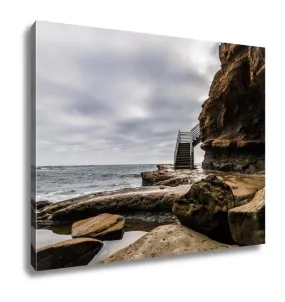 Gallery Wrapped Canvas, Surfer Stairway Access To Ocean On A Stormy Day At Sunset Cliffs In San Diego