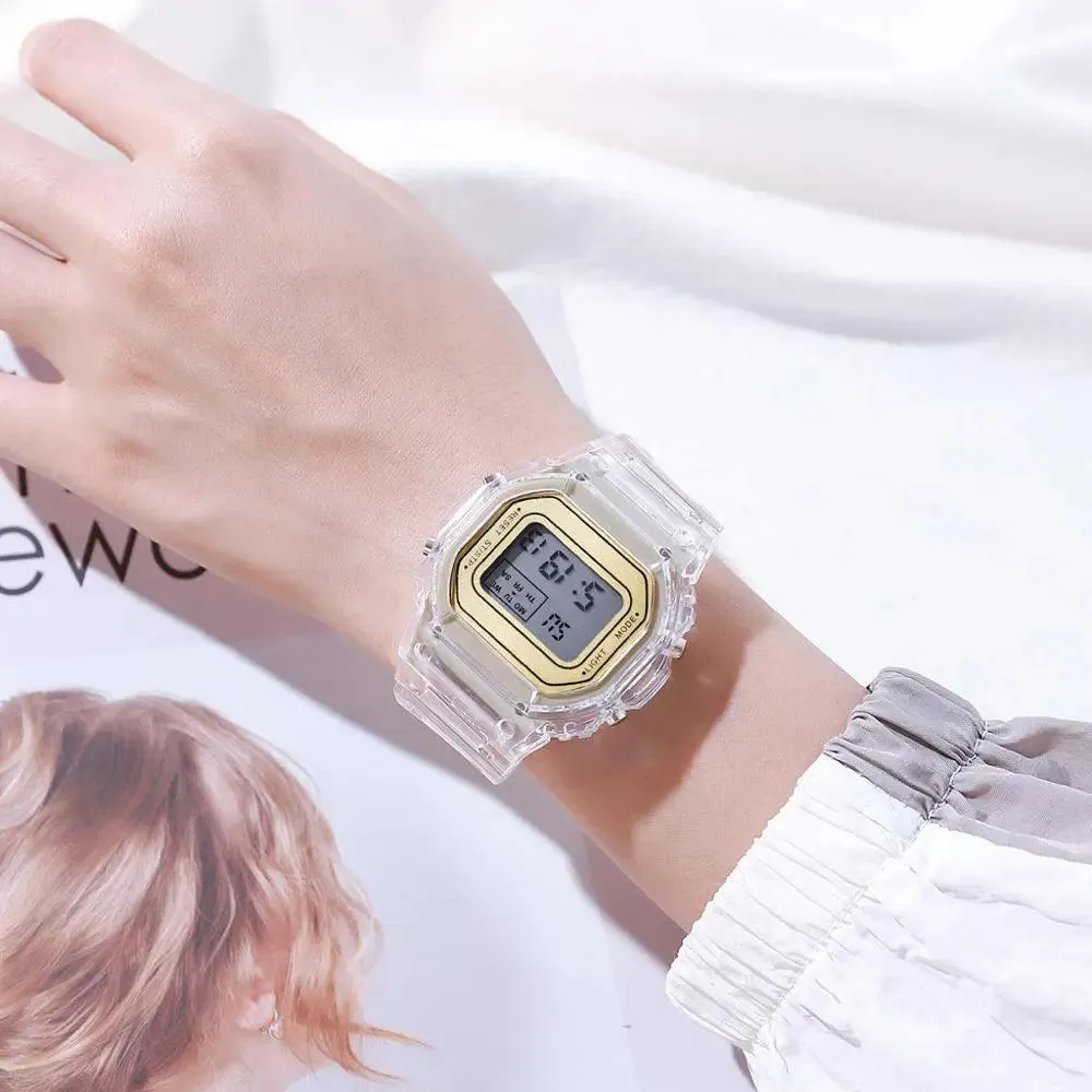 Gold Transparent Digital Sport Watch: Stylish Unisex Timepiece for Active Lifestyles