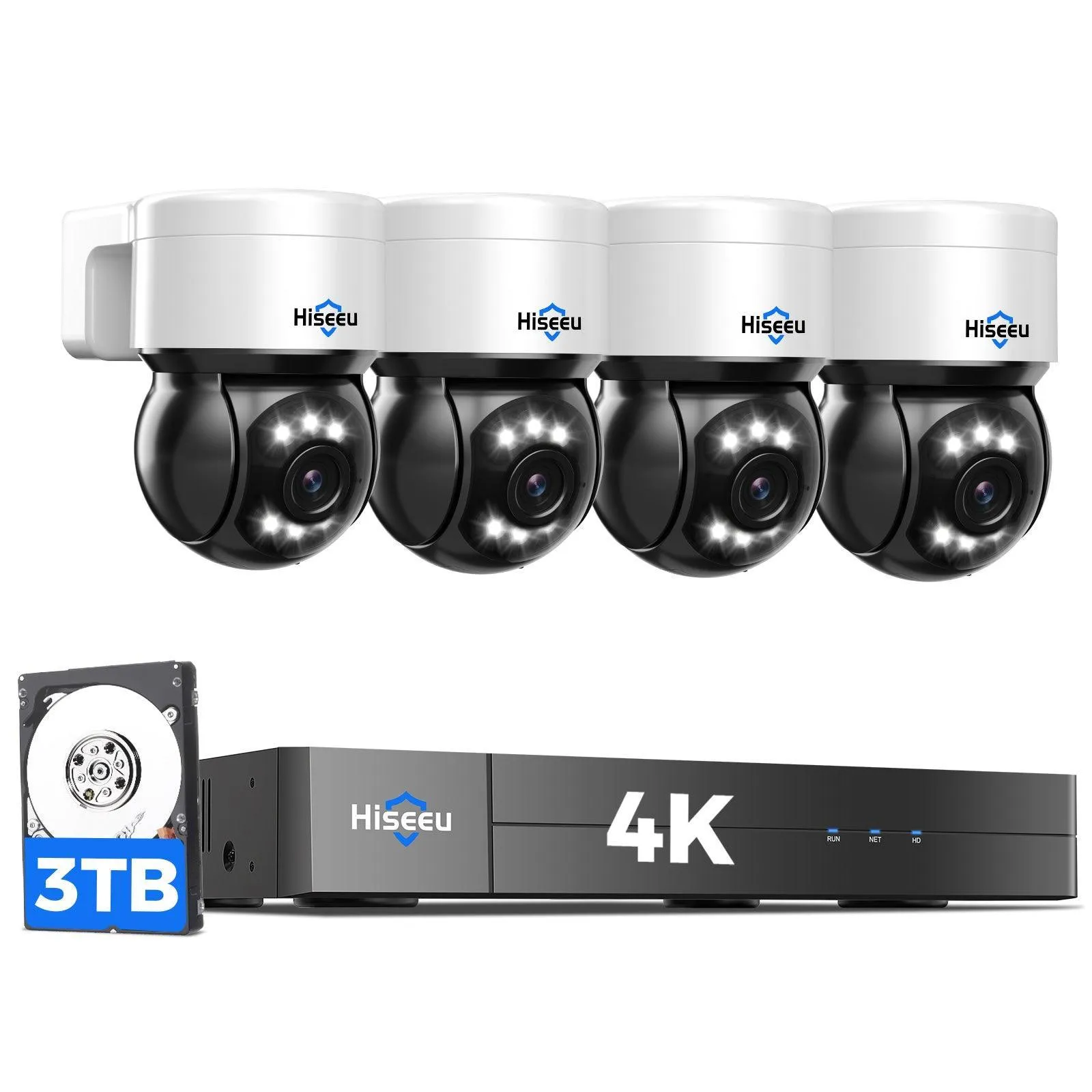 Hiseeu [4K HD   330°Pan 90°Tilt] 4K PoE Security Camera System, CCTV Camera Security System w/4Pcs PoE PTZ Dome Cameras, Human/Vehicle Detect,2-Way Audio,Home Surveillance NVR Kit, 3TB HDD,7/24 Record