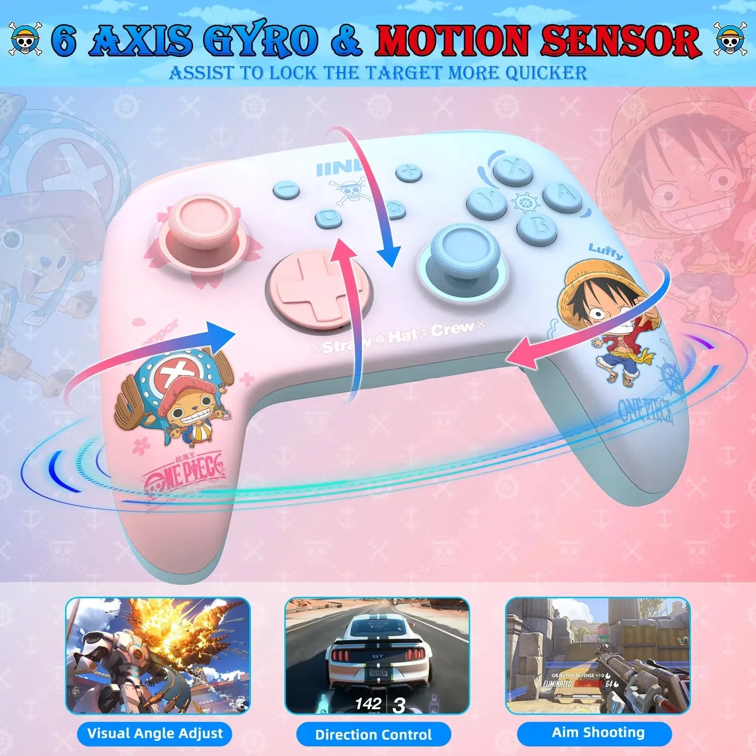 IINE Cartoon Design Wireless Pro Controller: For Switch with Amiibo, 6-Axis Motion, Turbo, Macro, and more