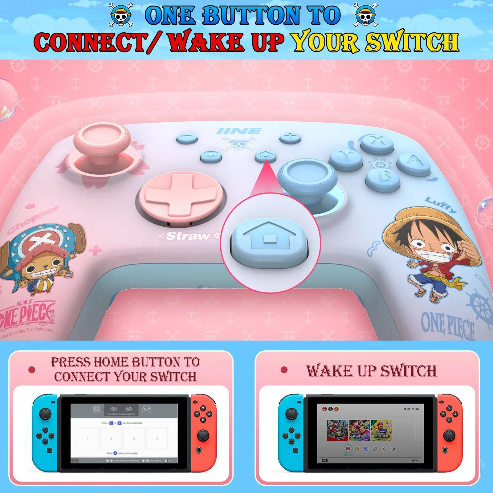 IINE Cartoon Design Wireless Pro Controller: For Switch with Amiibo, 6-Axis Motion, Turbo, Macro, and more