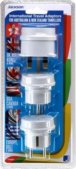 Jackson Pack of 3 Travel Adapters NZ/AU Socket to US, UK, Europe Plug PTA6663