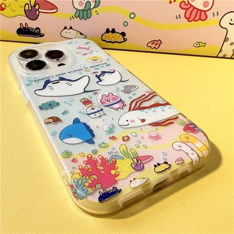 Japanese Cartoon Kanahei | Ocean with Fishes Cute Pink Rabbit and White Chicken - iPhone Case iPhone 13 14 15 Pro Promax