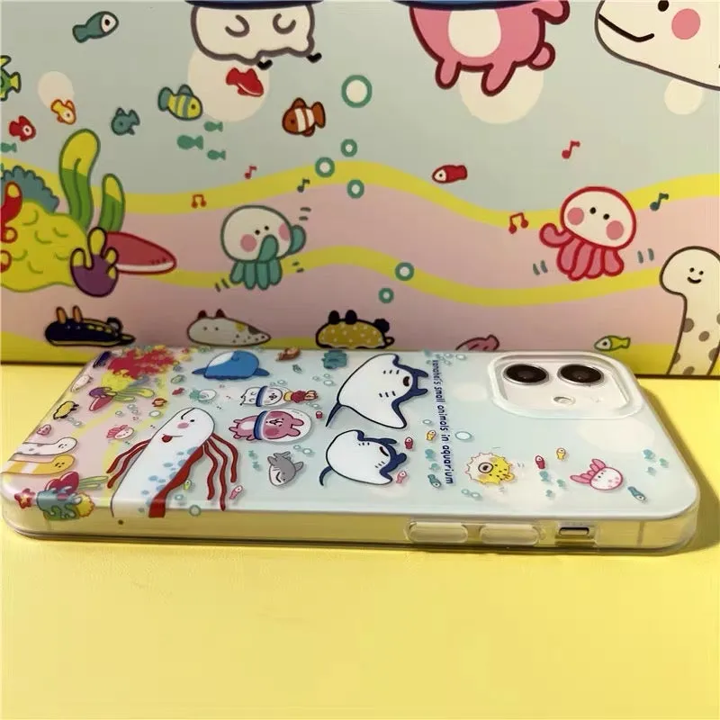 Japanese Cartoon Kanahei | Ocean with Fishes Cute Pink Rabbit and White Chicken - iPhone Case iPhone 13 14 15 Pro Promax