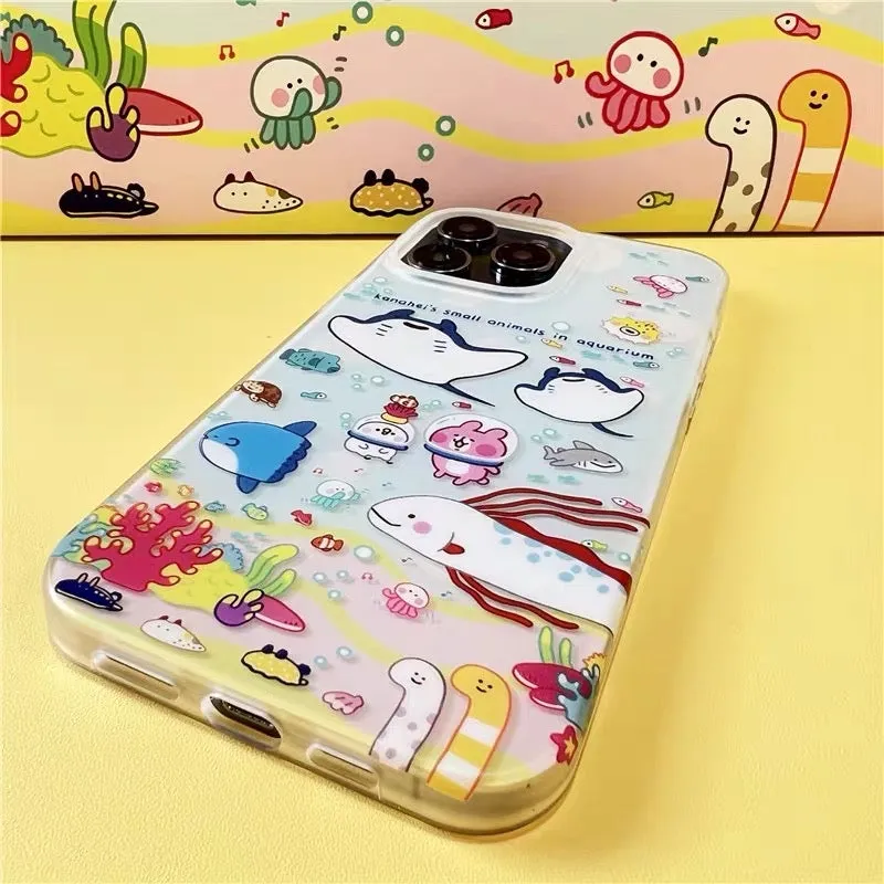 Japanese Cartoon Kanahei | Ocean with Fishes Cute Pink Rabbit and White Chicken - iPhone Case iPhone 13 14 15 Pro Promax