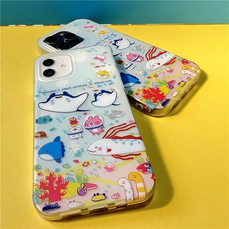 Japanese Cartoon Kanahei | Ocean with Fishes Cute Pink Rabbit and White Chicken - iPhone Case iPhone 13 14 15 Pro Promax