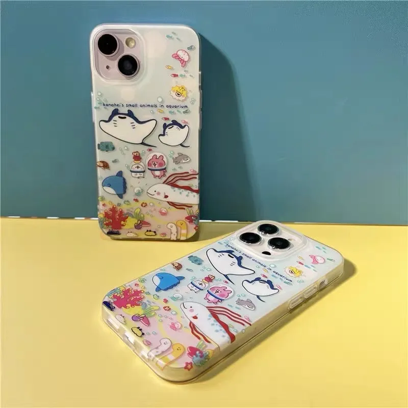 Japanese Cartoon Kanahei | Ocean with Fishes Cute Pink Rabbit and White Chicken - iPhone Case iPhone 13 14 15 Pro Promax