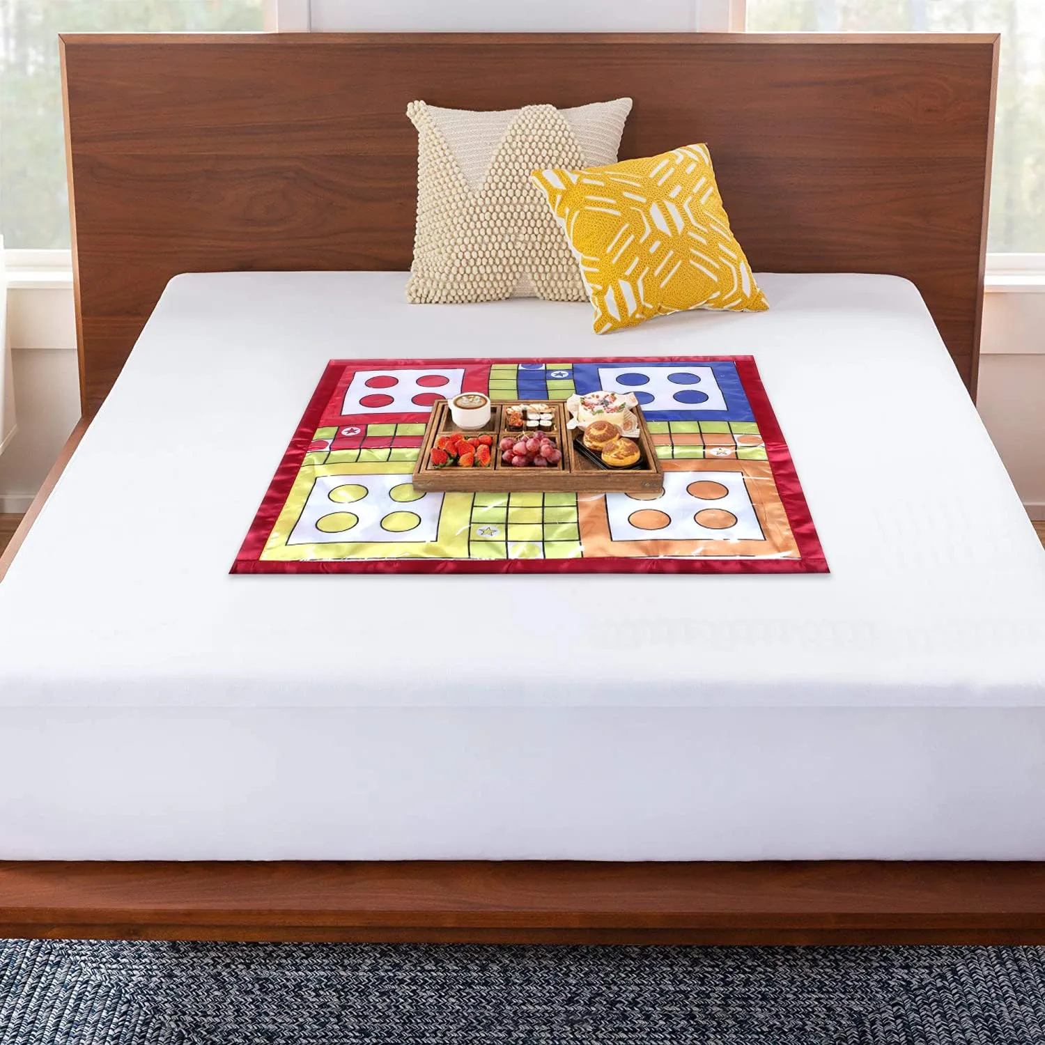 Kuber Industries Food Mat | Ludo & Snake Ladder Print | Square Reversible Laminated | Bed Protector for Home | Bed Server for Bedsheet | 22 Inch | Multicolor