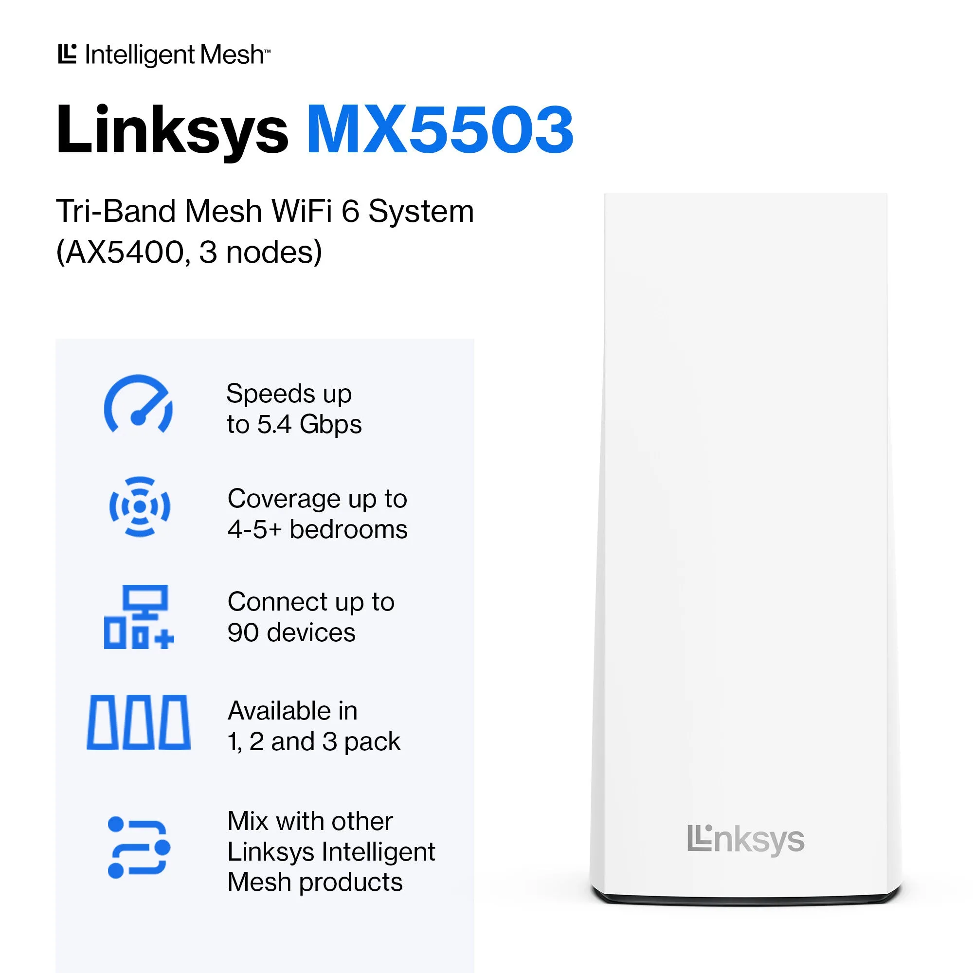 Linksys AX5400 Whole Home Mesh WiFi 6 Dual‑Band System, 3-pack