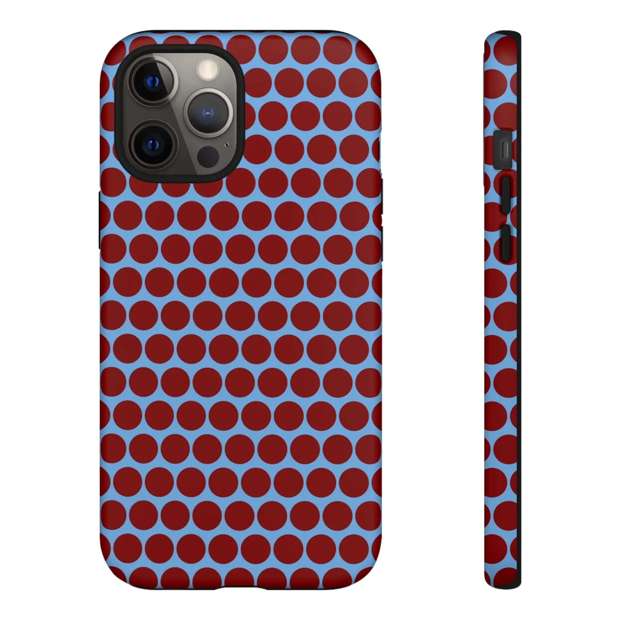 Maroon Dot, Light blue B/Ground Polka Dot Tough Phone Case for iPhone, Samsung, and Google Phones