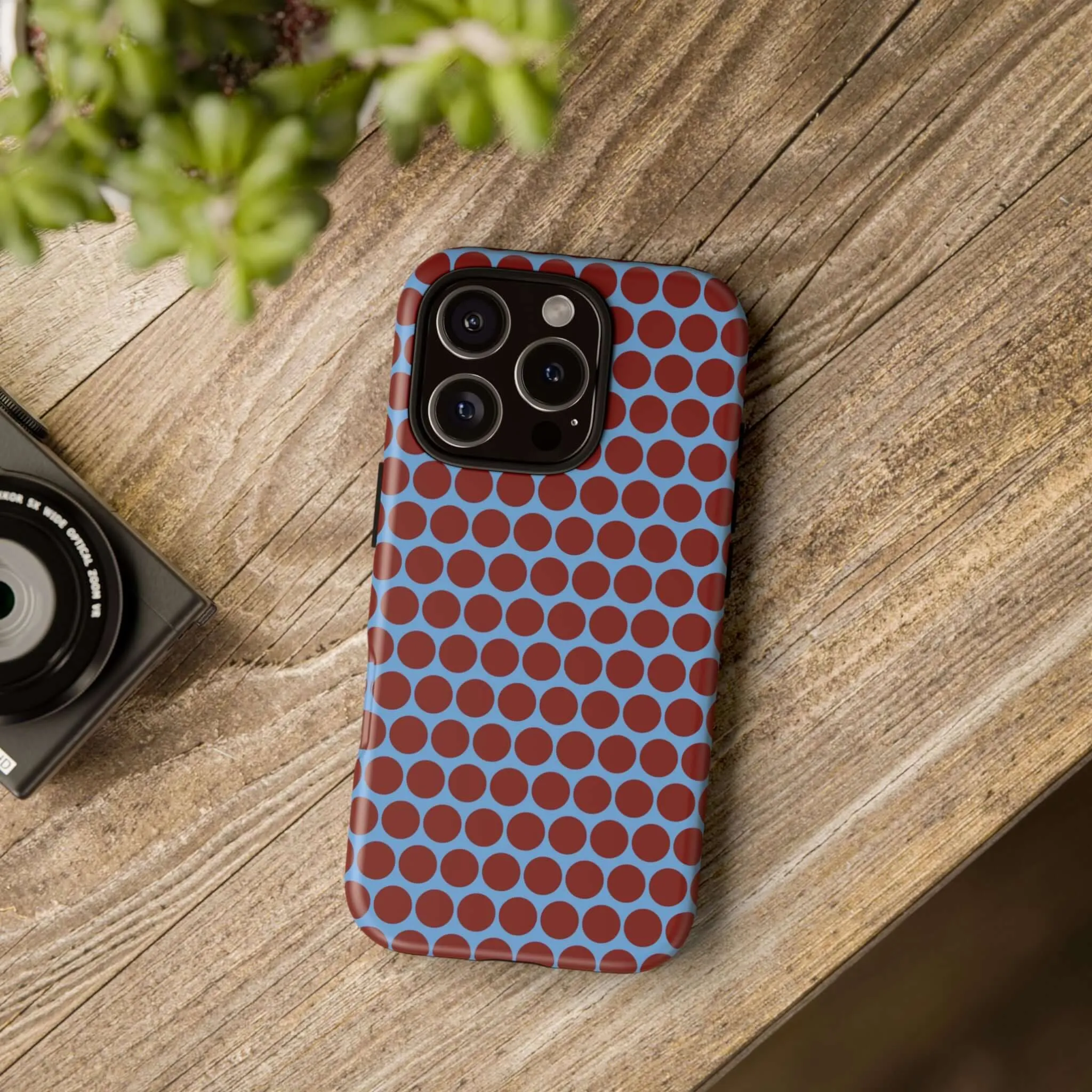 Maroon Dot, Light blue B/Ground Polka Dot Tough Phone Case for iPhone, Samsung, and Google Phones