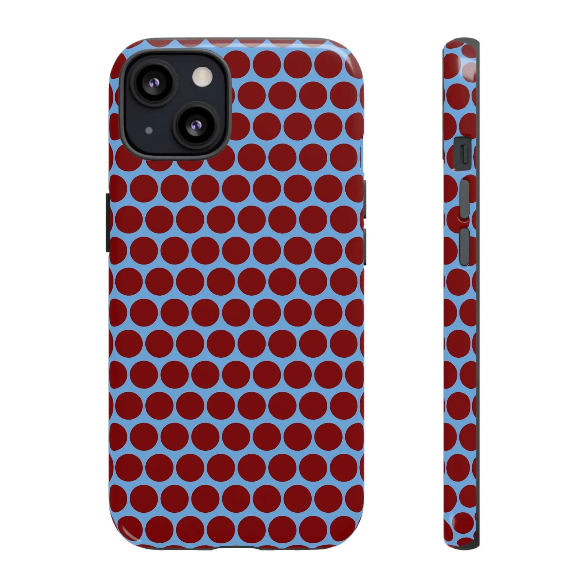 Maroon Dot, Light blue B/Ground Polka Dot Tough Phone Case for iPhone, Samsung, and Google Phones