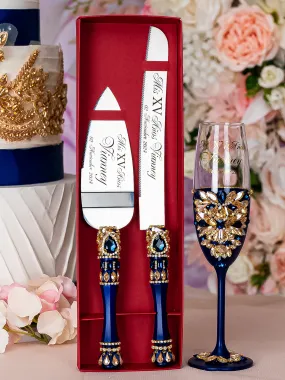 Navy blue Quinceanera cake knife set with 1 glass