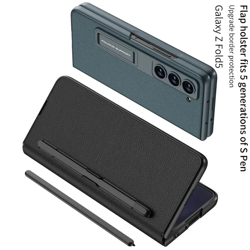 One-piece Flap Holster Leather Phone Case With With S Pen Slot For Samsung Galaxy Z Fold 5