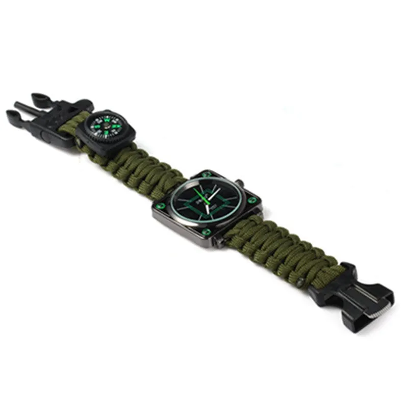 Outdoor Sport Men Watch Survival Gear Escape Cord Emergency Survival Bracelet Wristwatch Rope Flint Whistle Scraper Buckle